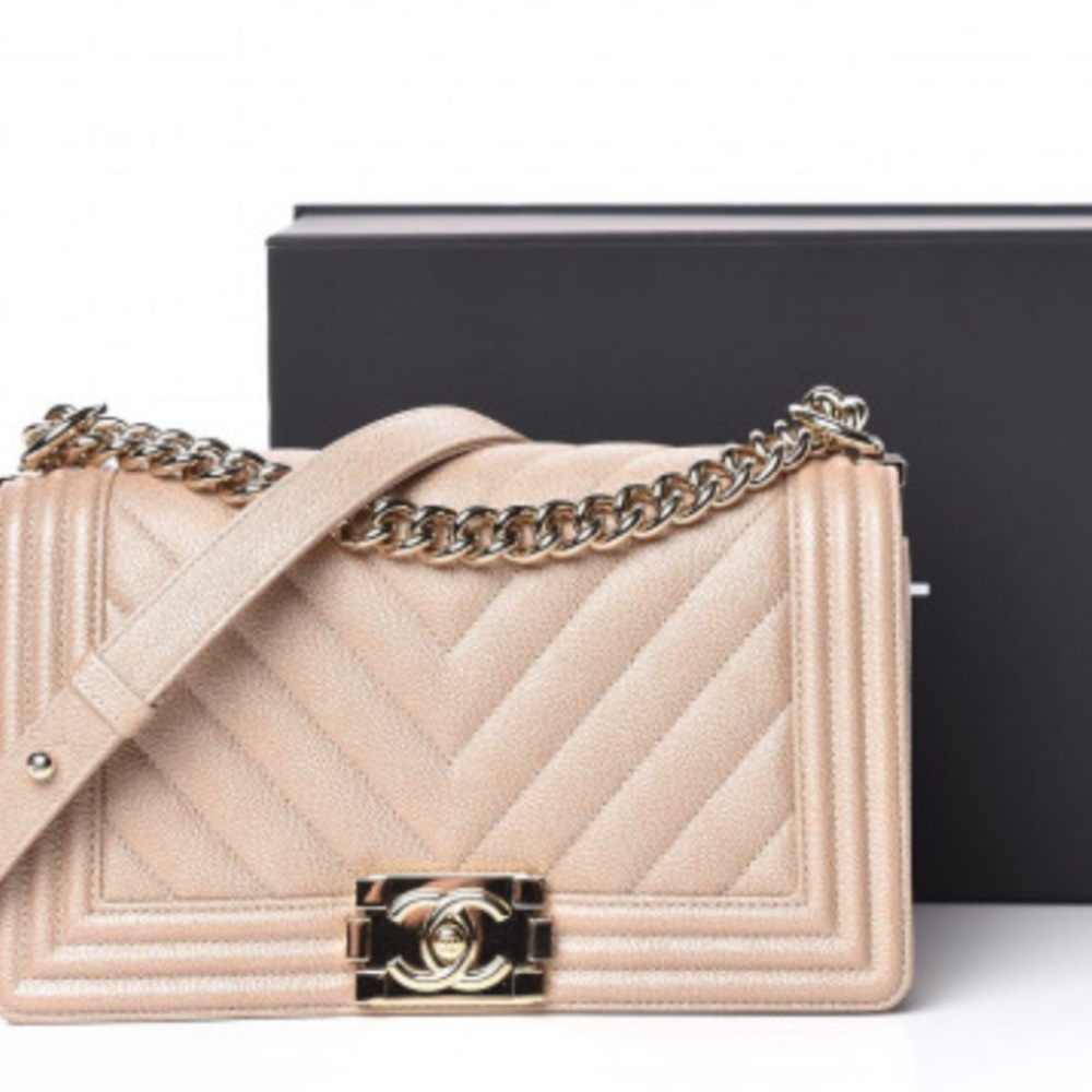 Chanel Metallic Chevron Caviar Medium Boy Bag in Light Beige